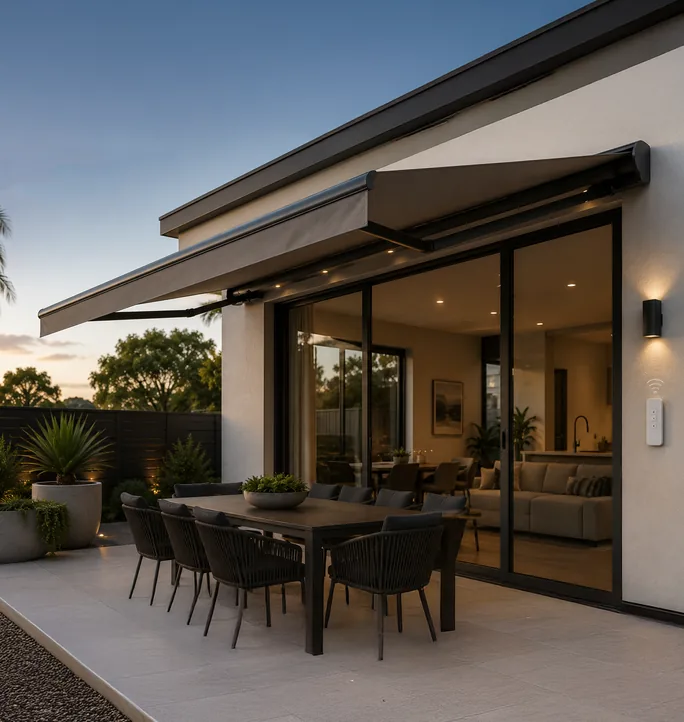 Folding arm awning over a patio at dusk