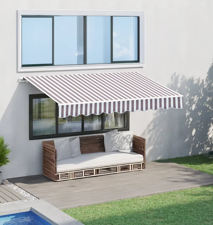 Striped automatic awning over a window