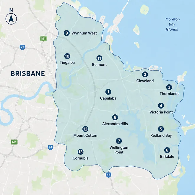 Map of the Redlands and Brisbane bayside suburbs Pro Blinds & Shutters services