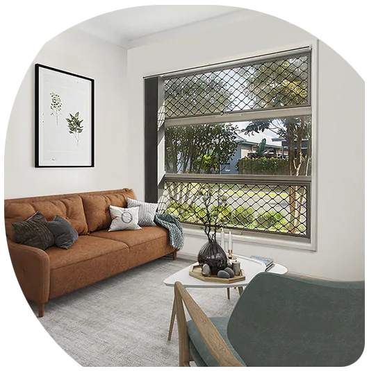 Diamond grille security screen on a living room window
