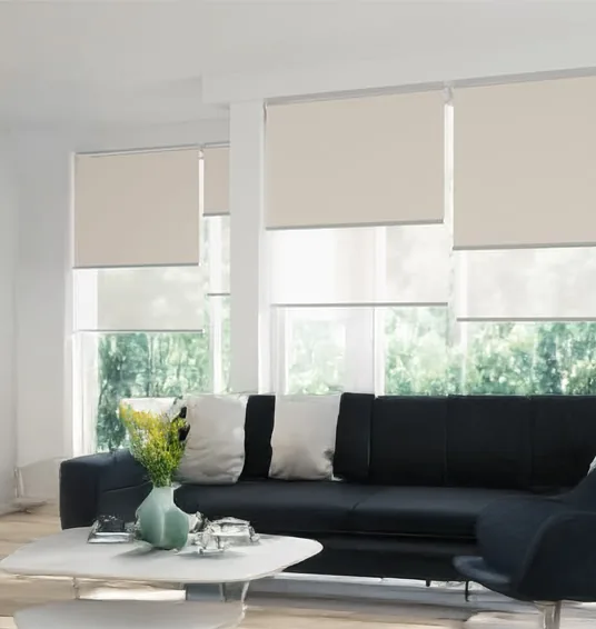 Double roller blinds across living room windows