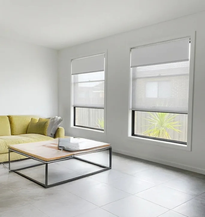Double roller blinds on two windows in a lounge