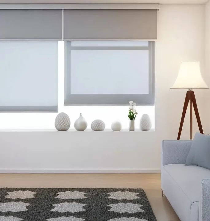 Double roller blinds in a living room