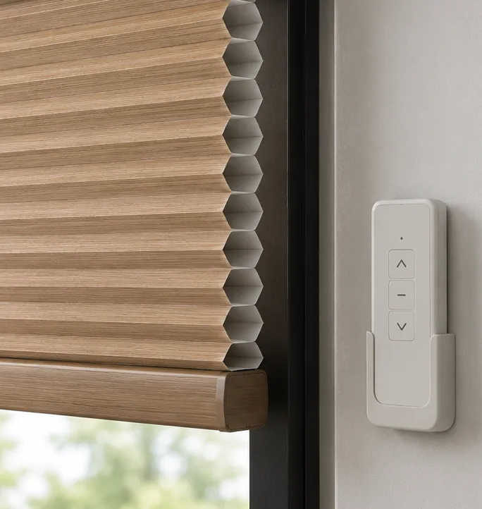 Motorised honeycomb blind with wall remote