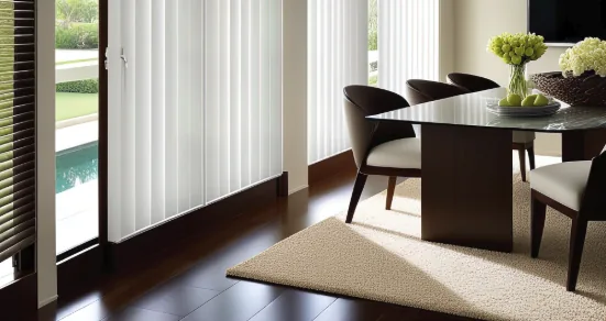 Vertical blinds on sliding doors in a dining room