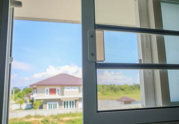 Window with an insect screen looking out to a house