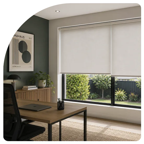 Light-filtering roller blind in a home office