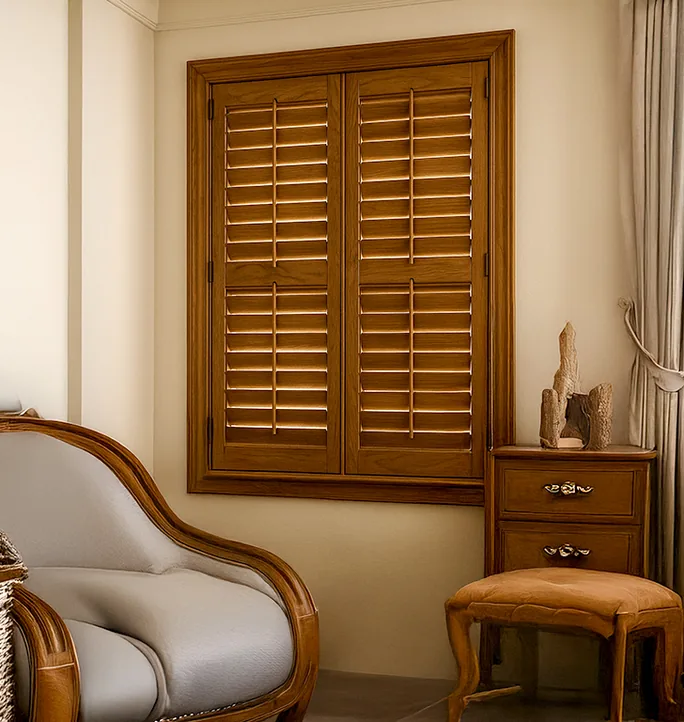 Timber plantation shutters in a sitting room