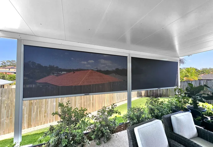Zip screen outdoor blinds on a patio